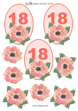 18 i oval ramme med rose, fersken, HM design, 10 ark
